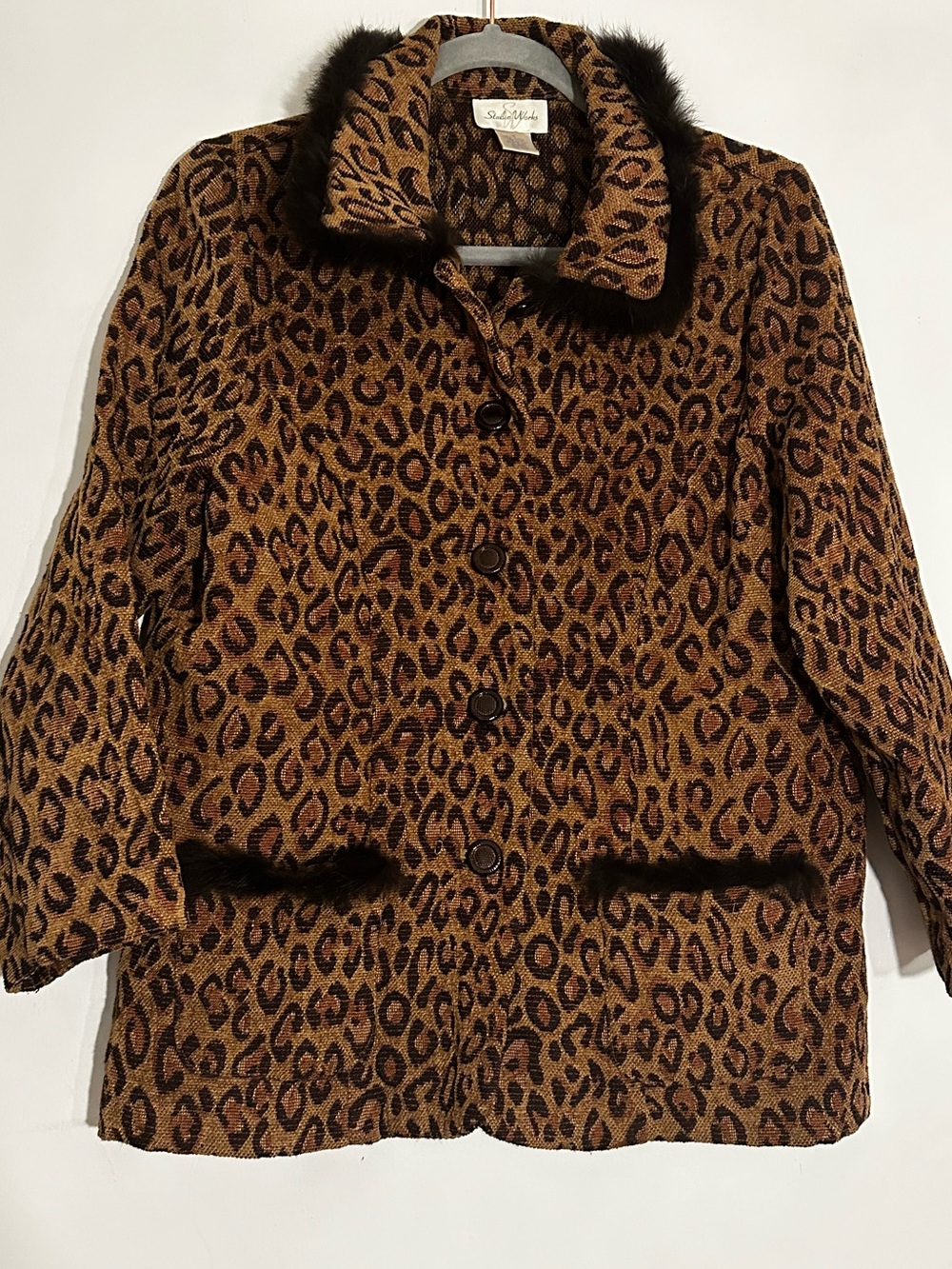Studio Works Leopard Print Pea Coat with Faux Fur Trim - Brown